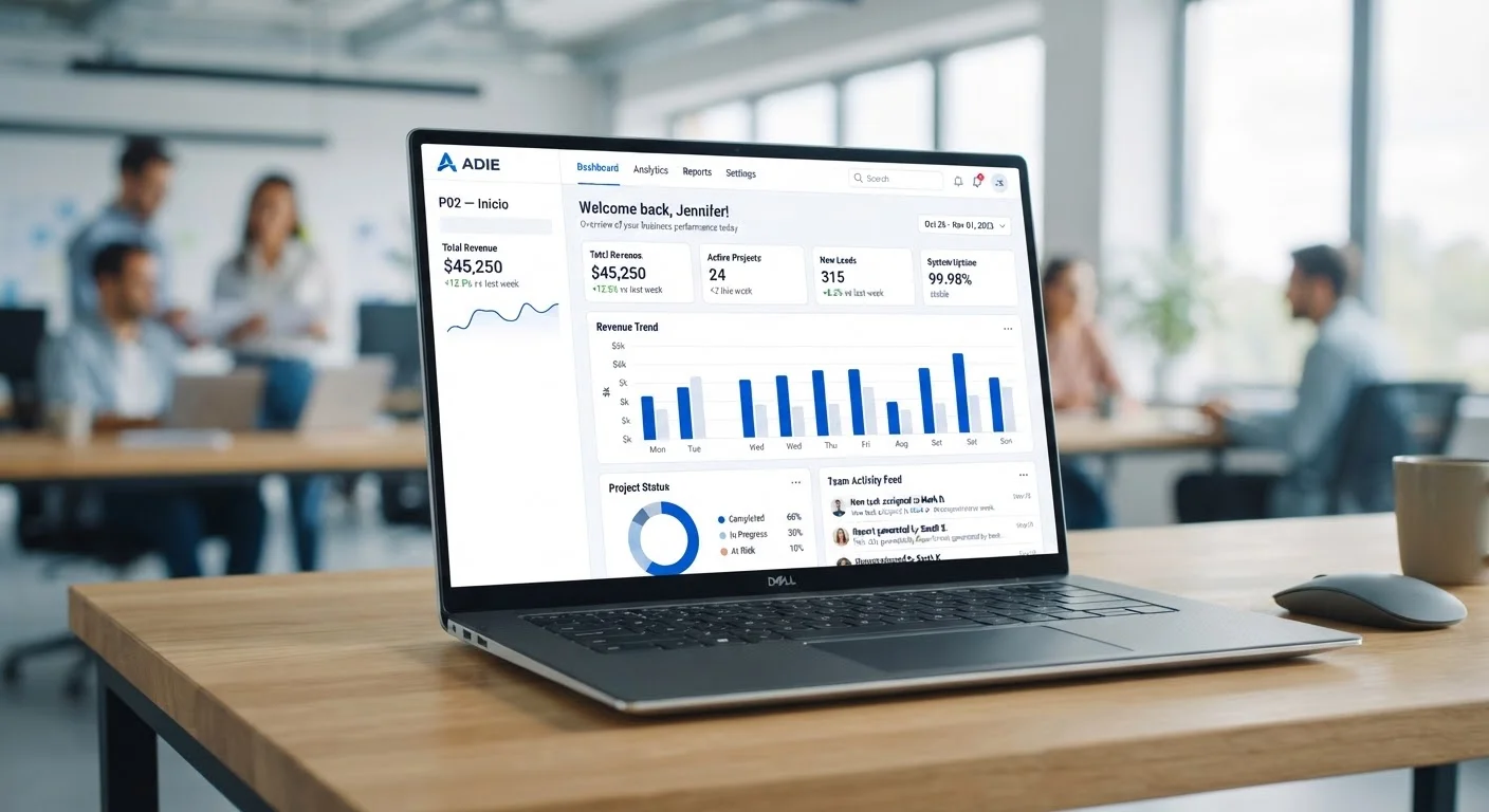 Tablero del software empresarial ADIE en una laptop