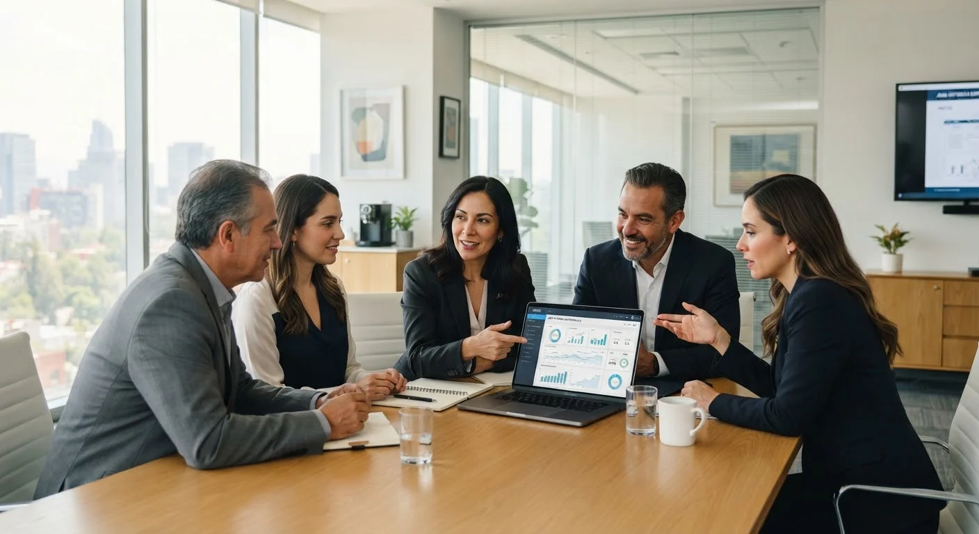 Equipo directivo revisando un dashboard empresarial en una laptop